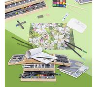 ECD Germany Coffret de Peinture 85 Pièces avec Chevalet en Bois Integré, 2 Tiroirs, 3 Blocs à Dessin A4, Pinceaux, Crayons de Couleur, Peinture Acrylique, Pastels à l'Huile, pour Enfants Adultes