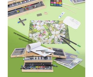 ECD Germany Coffret de Peinture 85 Pièces avec Chevalet en Bois Integré, 2 Tiroirs, 3 Blocs à Dessin A4, Pinceaux, Crayons de Couleur, Peinture Acrylique, Pastels à l'Huile, pour Enfants Adultes