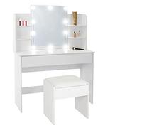 ECD Germany Coiffeuse avec Tabouret Rembourré, Table de Maquillage avec Miroir, Guirlande Éclairage LED, 1 Tiroir, 4 Compartiments, 108x40x140 cm, en Bois MDF Blanc, Moderne, Commode Cosmétiques
