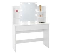 ECD Germany Coiffeuse Table de Maquillage Blanc 108x40x140 cm avec Miroir et LED, 1 Tiroir, 4 Compartiments MDF