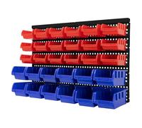 ECD Germany Etagère à Outils Murale avec 30 Boîtes de Rangement Empilables Bleu-Rouge, 18 Petits/12 Grands Bacs avec Compartiment pour Étiquettes, Étagère d'Atelier Système de Stockage Bacs à Bec
