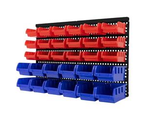 ECD Germany Etagère à Outils Murale avec 30 Boîtes de Rangement Empilables Bleu-Rouge, 18 Petits/12 Grands Bacs avec Compartiment pour Étiquettes, Étagère d'Atelier Système de Stockage Bacs à Bec