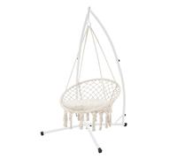 ECD Germany Fauteuil Suspendu avec Coussin Beige et Support Blanc 208 cm, Style Boho, Design Macramé, Coton, Ø 80 cm, 120 kg, Franges Tressées, Siège Chaise Suspendue Balançoire, Intérieur/Extérieur