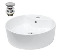 ECD Germany Lavabo de Salle de Bain Ø 460x155 mm en Céramique Blanc Forme Ronde avec Garniture de Vidage Chrome, pour Vasque avec Trop-Plein, Évier Lave-Mains à Poser sur Meuble, Design Moderne