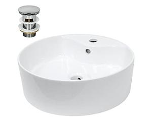ECD Germany Lavabo de Salle de Bain Ø 460x155 mm en Céramique Blanc Forme Ronde avec Garniture de Vidage Chrome, pour Vasque avec Trop-Plein, Évier Lave-Mains à Poser sur Meuble, Design Moderne