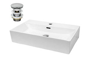 ECD Germany Lavabo de Salle de Bain 515x360x130 mm en Céramique Blanc Angulaire avec Garniture de Vidage Chrome, pour Vasque avec Trop-Plein, Évier Lave-Mains à Poser sur Meuble, Design Moderne