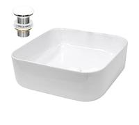 ECD Germany Lavabo en Céramique Blanc 390x390x140 mm avec Garniture de Vidage 1 1/4" Universelle sans Trop-Plein, Design Carré, Vasque à Poser Moderne, Évier Lave-Mains pour Salle de Bain et Toilette