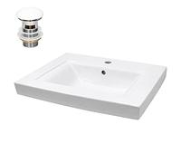 ECD Germany Lavabo en Céramique Blanc 605x465x160 mm avec Garniture de Vidage 1 1/4" Universelle avec Trop-Plein, Rectangle, Vasque Encastré Moderne, Évier Lave-Mains pour Salle de Bain et Toilettes