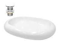 ECD Germany Lavabo en Céramique Blanc 630x420x120 mm avec Garniture de Vidage 1 1/4" Universelle sans Trop-Plein, Design Ovale, Vasque à Poser Moderne, Évier Lave-Mains pour Salle de Bain et Toilette