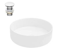 ECD Germany Lavabo Ronde en Céramique, Ø 355 x 120 mm, Blanc, avec Garniture de Vidage 1 1/4, pour Lavabo sans Trop-Plein, Vasque à Poser, Évier Moderne, Lave-Mains, Cuvette Salle de Bain Toilette