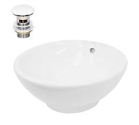 ECD Germany Lavabo Ronde en Céramique, Ø 420x170 mm, Blanc, avec Garniture de Vidage 1 1/4, pour Lavabo sans Trop-Plein, Vasque à Poser, Évier Moderne, Lave-Mains, Cuvette Salle de Bain Toilette
