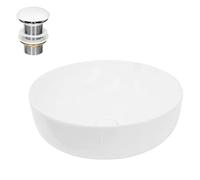 ECD Germany Lavabo Ronde en Céramique, 400x400x135 mm, Blanc, avec Garniture de Vidage 1 1/4, pour Lavabo sans Trop-Plein, Vasque à Poser, Évier Moderne, Lave-Mains, Cuvette Salle de Bain Toilette