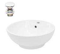 ECD Germany Lavabo Ronde en Céramique, 455x455x185 mm, Blanc, avec Garniture de Vidage 1 1/4, pour Lavabo sans Trop-Plein, Vasque à Poser, Évier Moderne, Lave-Mains, Cuvette Salle de Bain Toilette