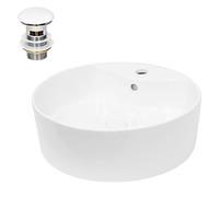 ECD Germany Lavabo Ronde en Céramique, 460x460x155 mm, Blanc, avec Garniture de Vidage 1 1/4, pour Lavabo sans Trop-Plein, Vasque à Poser, Évier Moderne, Lave-Mains, Cuvette Salle de Bain Toilette
