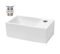 ECD Germany Lavabo Vasque en Céramique Blanc 350x205x125 mm Rectangulaire, Bonde Incluse en Céramique/Acier, Trou pour Robinet à Droite, Mini Lave-Mains Angulaire à Poser de Salle de Bain Toilette