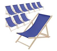ECD Germany Lot de 10 Chaises Longues Pliantes en Bois Chiliennes, Bleu Foncé, Dossier Réglable, 3 Positions de Couchage, jusqu'à 120kg, Bain de Soleil en Tissu pour la Plage Jardin Terrasse Camping