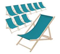 ECD Germany Lot de 10 Chaises Longues Pliantes en Bois Chiliennes, Bleu Pétrole, Dossier Réglable, 3 Positions de Couchage, jusqu'à 120kg, Bain de Soleil en Tissu pour la Plage Jardin Terrasse Camping