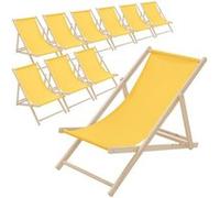 ECD Germany Lot de 10 Chaises Longues Pliantes en Bois Chiliennes, Jaune, Dossier Réglable, 3 Positions de Couchage, jusqu'à 120kg, Bain de Soleil en Tissu pour la Plage Jardin Terrasse Camping
