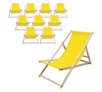 ECD Germany Lot de 10 Chaises Longues Pliantes en Bois Chiliennes, Jaune, Dossier Réglable, 3 Positions de Couchage, jusqu'à 120kg, Bain de Soleil en Tissu pour la Plage Jardin Terrasse Camping