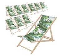 ECD Germany Lot de 10 Chaises Longues Pliantes en Bois Chiliennes, Motif Tropical, Vert-Blanc, Dossier Réglable, 3 Positions de Couchage, jusqu'à 120 kg, Bain de Soleil en Tissu, Plage ou Jardin