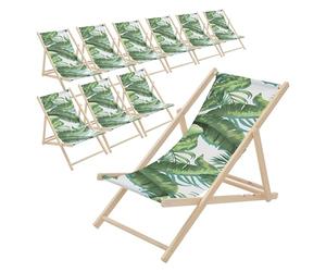 ECD Germany Lot de 10 Chaises Longues Pliantes en Bois Chiliennes, Motif Tropical, Vert-Blanc, Dossier Réglable, 3 Positions de Couchage, jusqu'à 120 kg, Bain de Soleil en Tissu, Plage ou Jardin