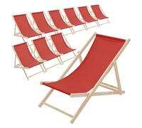 ECD Germany Lot de 10 Chaises Longues Pliantes en Bois Chiliennes, Rouge, Dossier Réglable, 3 Positions de Couchage, jusqu'à 120kg, Bain de Soleil en Tissu pour la Plage Jardin Terrasse Camping