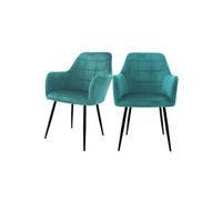 ECD Germany Lot de 2 chaises de salle à manger pétrole style moderne retro dossier et accoudoirs rembourrée aspect velours pieds métalliques noir