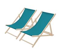ECD Germany Lot de 2 Chaises Longues Pliantes en Bois Chiliennes, Bleu Pétrole, Dossier Réglable, 3 Positions de Couchage, jusqu'à 120kg, Bain de Soleil en Tissu pour la Plage Jardin Terrasse Camping
