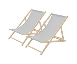 ECD Germany Lot de 2 Chaises Longues Pliantes en Bois Chiliennes, Gris Clair, Dossier Réglable, 3 Positions de Couchage, jusqu'à 120kg, Bain de Soleil en Tissu pour la Plage Jardin Terrasse Camping