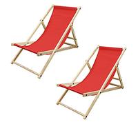 ECD Germany Lot de 2 Chaises Longues Pliantes en Bois Chiliennes, Rouge, Dossier Réglable, 3 Positions de Couchage, jusqu'à 120kg, Bain de Soleil en Tissu pour la Plage Jardin Terrasse Camping