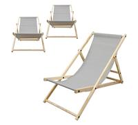 ECD Germany Lot de 3 Chaises Longues Pliantes en Bois Chiliennes, Gris Clair, Dossier Réglable, 3 Positions de Couchage, jusqu'à 120kg, Bain de Soleil en Tissu pour la Plage Jardin Terrasse Camping