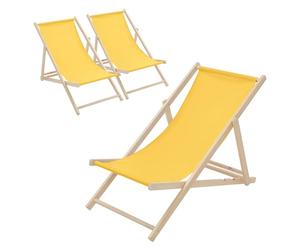 ECD Germany Lot de 3 Chaises Longues Pliantes en Bois Chiliennes, Jaune, Dossier Réglable, 3 Positions de Couchage, jusqu'à 120kg, Bain de Soleil en Tissu pour la Plage Jardin Terrasse Camping