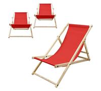 ECD Germany Lot de 3 Chaises Longues Pliantes en Bois Chiliennes, Rouge, Dossier Réglable, 3 Positions de Couchage, jusqu'à 120kg, Bain de Soleil en Tissu pour la Plage Jardin Terrasse Camping