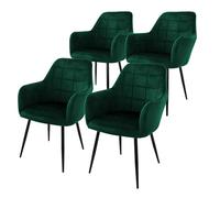 ECD Germany Lot de 4 Chaises de Salle à Manger - Vert Foncé - Style Rétro - Assise Rembourrée Aspect Velours - Pieds en Métal Noir - avec Dossier et Accoudoirs - Fauteuil Moderne Salon Bureau Chambre