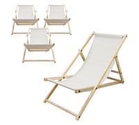 ECD Germany Lot de 4 Chaises Longues Pliantes en Bois Chiliennes, Beige, Dossier Réglable, 3 Positions de Couchage, jusqu'à 120kg, Bain de Soleil en Tissu pour la Plage Jardin Terrasse Camping