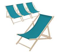 ECD Germany Lot de 4 Chaises Longues Pliantes en Bois Chiliennes, Bleu Pétrole, Dossier Réglable, 3 Positions de Couchage, jusqu'à 120kg, Bain de Soleil en Tissu pour la Plage Jardin Terrasse Camping