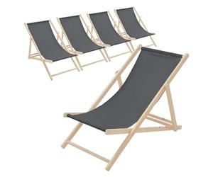 ECD Germany Lot de 5 Chaises Longues Pliantes en Bois Chiliennes, Anthracite, Dossier Réglable, 3 Positions de Couchage, jusqu'à 120kg, Bain de Soleil en Tissu pour la Plage Jardin Terrasse Camping
