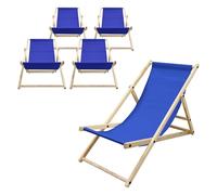 ECD Germany Lot de 5 Chaises Longues Pliantes en Bois Chiliennes, Bleu Foncé, Dossier Réglable, 3 Positions de Couchage, jusqu'à 120kg, Bain de Soleil en Tissu pour la Plage Jardin Terrasse Camping