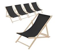 ECD Germany Lot de 5 Chaises Longues Pliantes en Bois Chiliennes, Noir, Dossier Réglable, 3 Positions de Couchage, jusqu'à 120kg, Bain de Soleil en Tissu pour la Plage Jardin Terrasse Camping