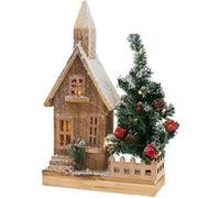ECD Germany Maison de Noël décorative en bois avec éclairage LED lumière blanche chaude 27x11x44 cm fonctionne sur piles minuterie design enneigé avec sapin décoration intérieure hivernale lumineuse B