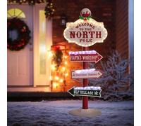 ECD Germany Panneau de Direction Noël à LED 95cm, Thème du Pôle Nord avec 4 Planches Étiquetées, Signal en Plastique Illuminé par 59 Couleurs, Décoration de Saison Festive pour Intérieur et Extérieure