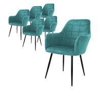 ECD Germany Set 6X Chaises de Salle à Manger Pétrole, Style Moderne/Retro, Dossier et Accoudoirs Rembourrée Aspect Velours, Pieds en Métal Noir, Chaise Ergonomique, Fauteuil de Salon/Chambre/Cuisine