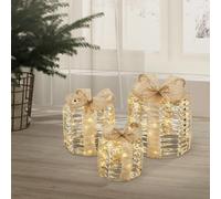 ECD Germany Set de 3 Boîtes Cadeaux de Noël à LED, Dorées, 135 LED Blanc Chaud, Structure en Fil Métallique, Décoration Saisonnière Intérieure avec Éclairage, Fonctionnant sur Piles, Minuterie Inclus