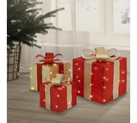 ECD Germany Set de 3 Boîtes Cadeaux LED avec 90 LED Blanc Chaud, Rouge-Or, Structure en Fil Métallique, Décoration de Noël Intérieure, Boîte Cadeau Illuminée Fonctionnant sur Piles avec Minuterie