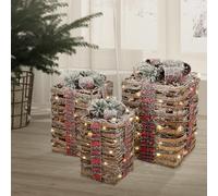 ECD Germany Set de 3 Boîtes Cadeaux LED, Marron, Rotin Enneigé, Fonctionnant sur Piles avec Minuterie, Éclaraige Blanc Chaud, pour Arbre de Noël, Décoration Cadeau Noël, Boîtes Guirlandes Lumineuses