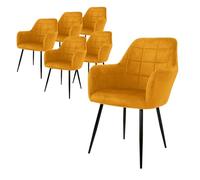 ECD Germany Set de 6X Chaises de Salle à Manger Moutarde, Style Moderne/Retro, Dossier et Accoudoirs Rembourrée Aspect Velours, Pieds en Métal Noir, Chaise Ergonomique, Fauteuil pour Salon/Chambre