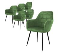 ECD Germany Set de 6X Chaises de Salle à Manger Vert Clair (Sauge), Style Moderne/Retro, Dossier et Accoudoirs Rembourrée Aspect Velours, Pieds en Métal Noir, Chaise Ergonomique, Fauteuil pour Salon