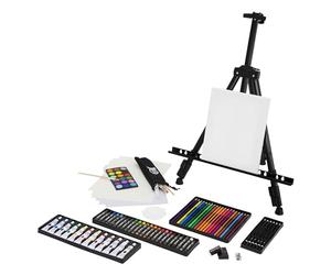 ECD Germany Set de Peinture avec Chevalet en Métal, 140 Pièces, Kit d'Artiste Pastels à l'Huile Acrylique Crayons de Couleur Pinceaux, Sac de Transport, Chevalet d'Atelier Trépied extensible 156 cm