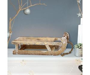 ECD Germany Traîneau de Décoration en Bois avec 25 LEDs, Blanc Chaud, 31,5x14,5x10,5 cm, Marron-Naturel, Fonctionne avec Piles, Minuterie 6 Heures, Cordon, Décoration de Noël, Ornement pour Maison