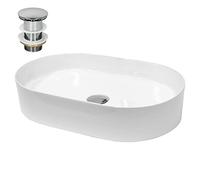 ECD Germany Vasque à Poser de Salle de Bain, 605x380x125 mm, avec Bonde de Vidage pour Lavabo sans Trop-Plein, Évier Ovale en Céramique Blanc, Lave-Mains de Lavage sur Meuble de Toilette